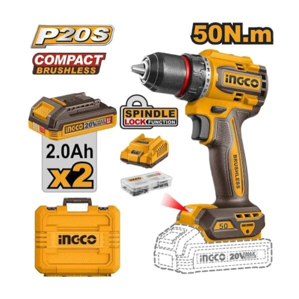 TALADRO INALAMBRICO 3/8"" BL 20V 50N.M + 2 BAT 2.0AH + CARG + MALETA INGCO
