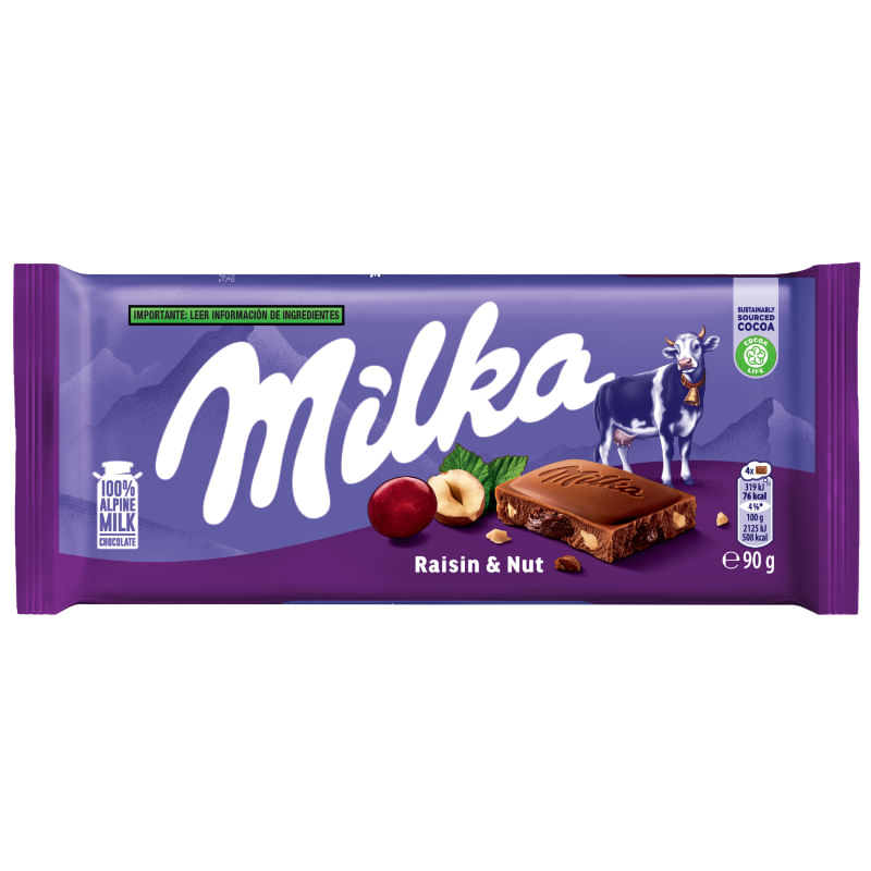 7622202264245 MILKA CHOC PASAS Y AVELLANA X90G - Imagen 1