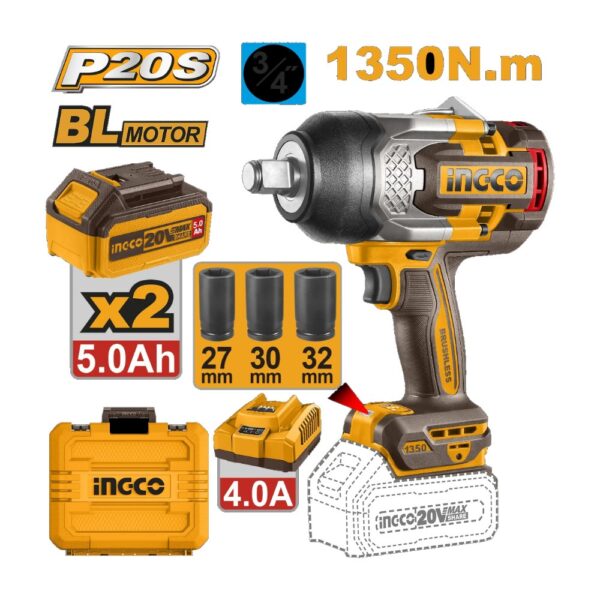 LLAVE DE IMPACTO INALAMBRICA DE 3/4 20V 1350N-M + 2 BAT 5.0AH + CARGA